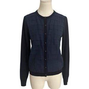 J. CREW Navy Blue Cardigan Sweater 100% Merino Wool Silk Ruffles‎ Buttons Size M
